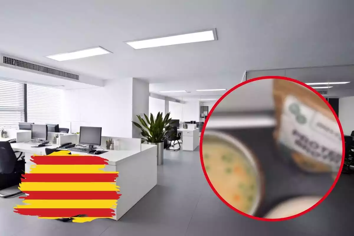 Fotomuntatge amb una imatge de fons d´unes oficines d´una empresa i al capdavant una rodona vermella difuminada amb el brou de Nuveg i una bandera catalana
