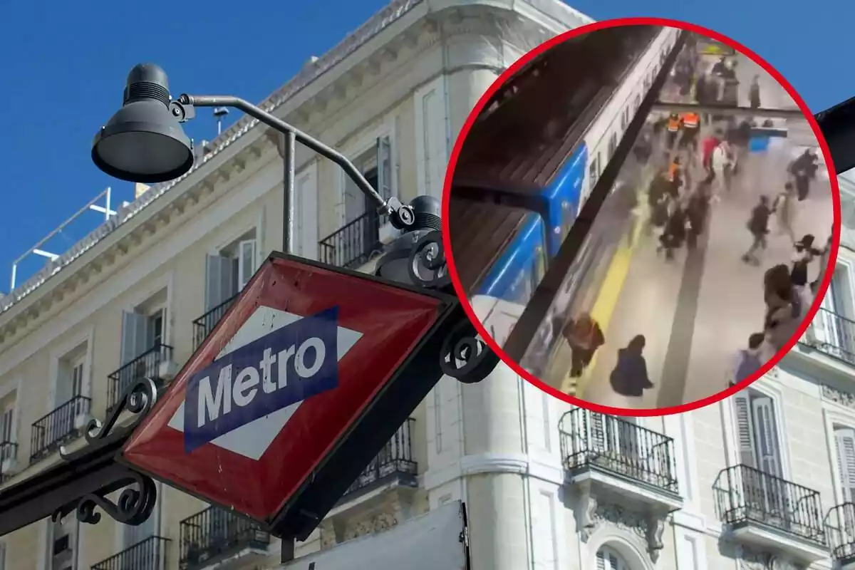 Fotomuntatge amb una imatge de fons del Metro de Madrid i una rodona vermella amb el pànic