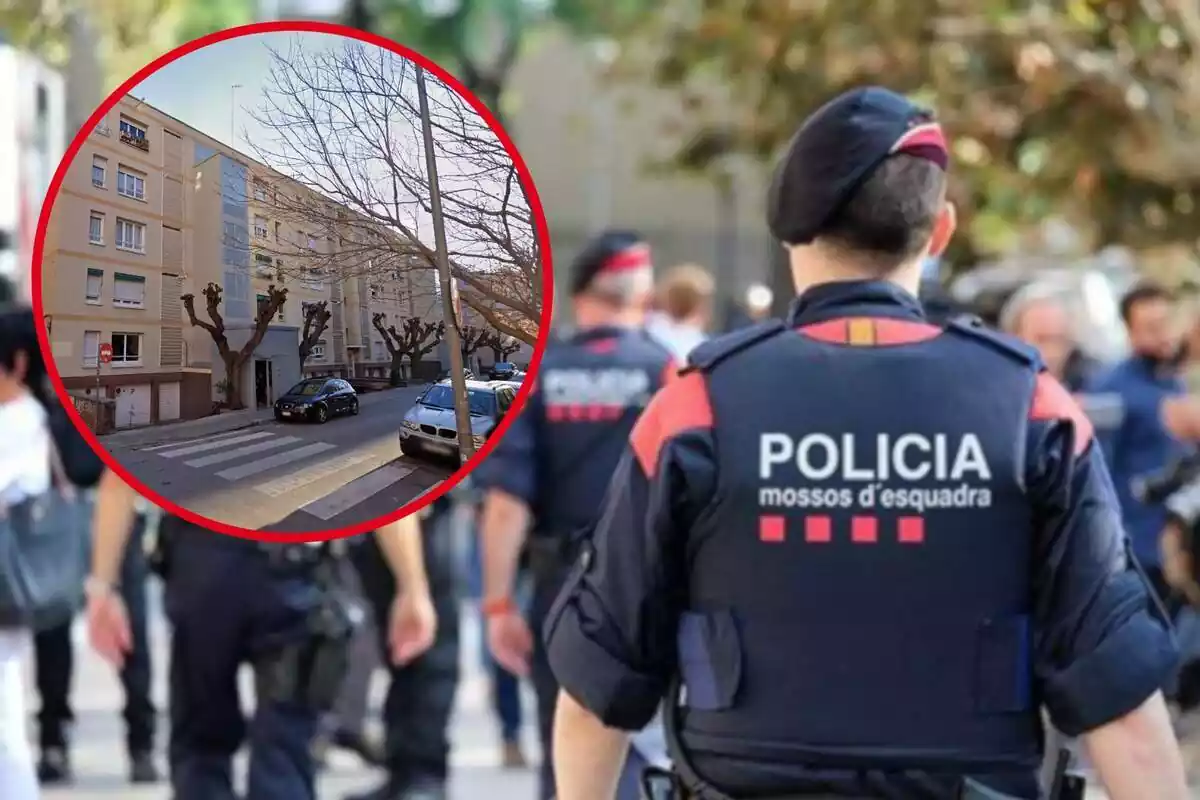 Fotomuntatge amb una imatge de fons d?un agent d?esquena dels Mossos d?Esquadra i una rodona vermella al capdavant amb un edifici residencial de Sabadell