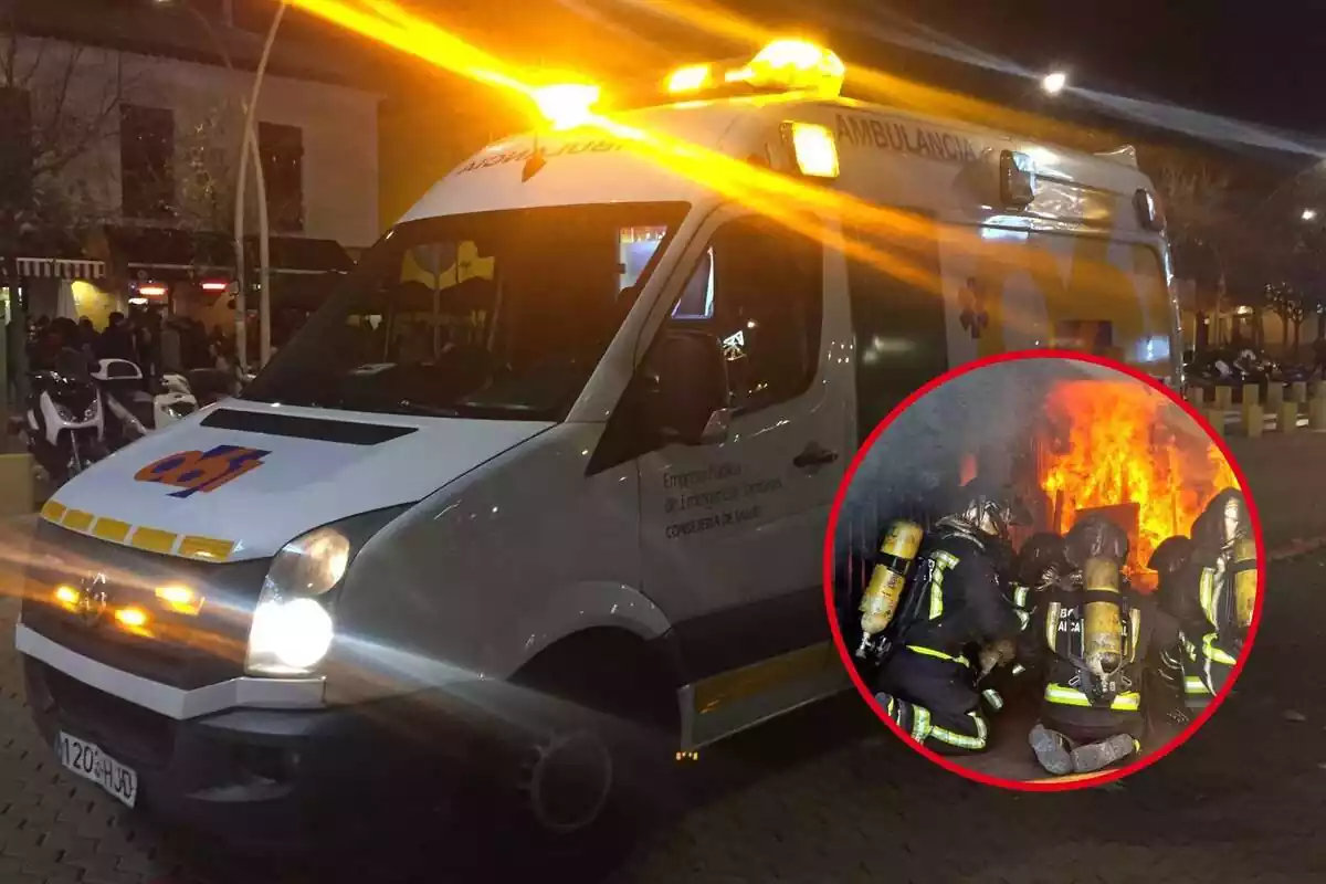 Fotomuntatge d'una ambulància amb una imatge dels Bombers en un incendi