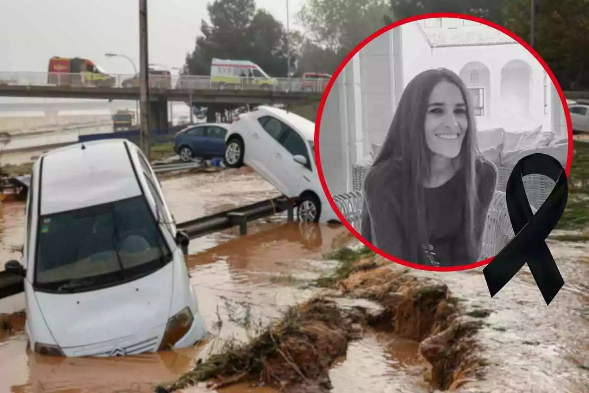 Imatge de la inundació de València amb diversos cotxes atrapats al´aigua i un retrat en blanc i negre d'Elvira López de las Heras en un cercle vermell amb un llaç negre.