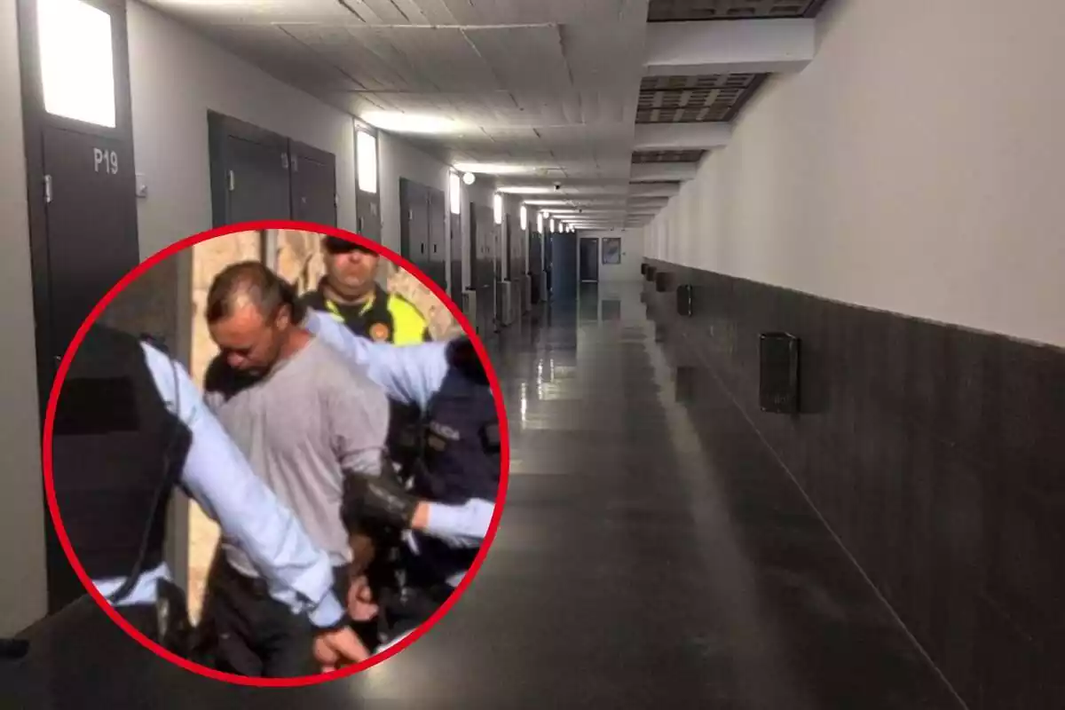 Fotomuntatge amb una imatge de fons de la presó de Tarragona, Mas d'Enric, i al capdavant una rodona vermella amb la detenció d'Iulian el 2018