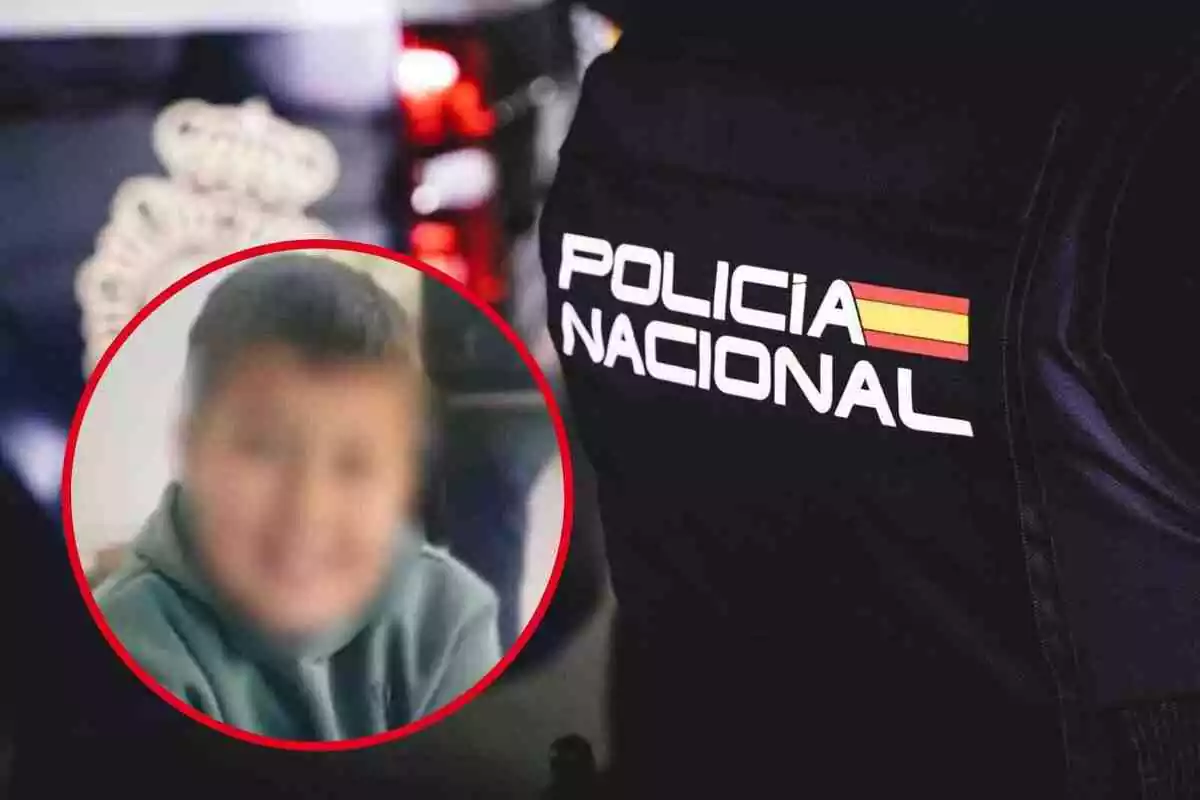 Fotomuntatge de la cara difuminada de Jayden Romero amb una rodona vermella i de fons un agent de la Policia Nacional