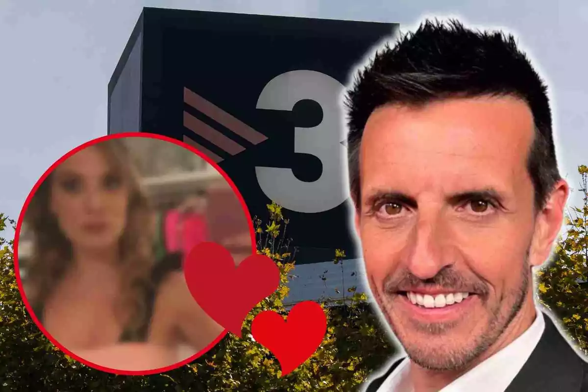 Fotomuntatge de Jordi Gil, una rodona vermella amb Patrycia Centeno i uns cors vermells al capdavant i de fons el logotip de TV3