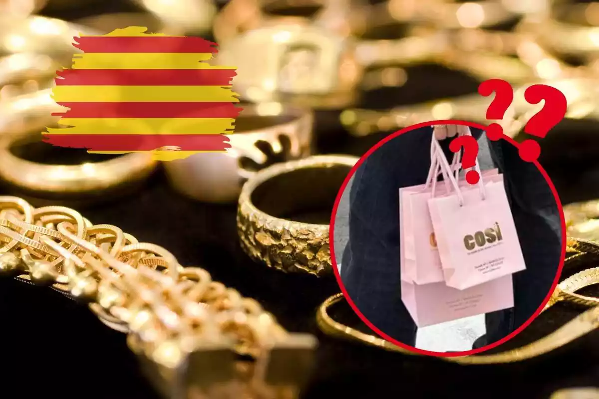 Fotomuntatge amb un fons de joies, una foto emmarcada de l?empresa de joieria Cosi, una bandera catalana i signes d?interrogació