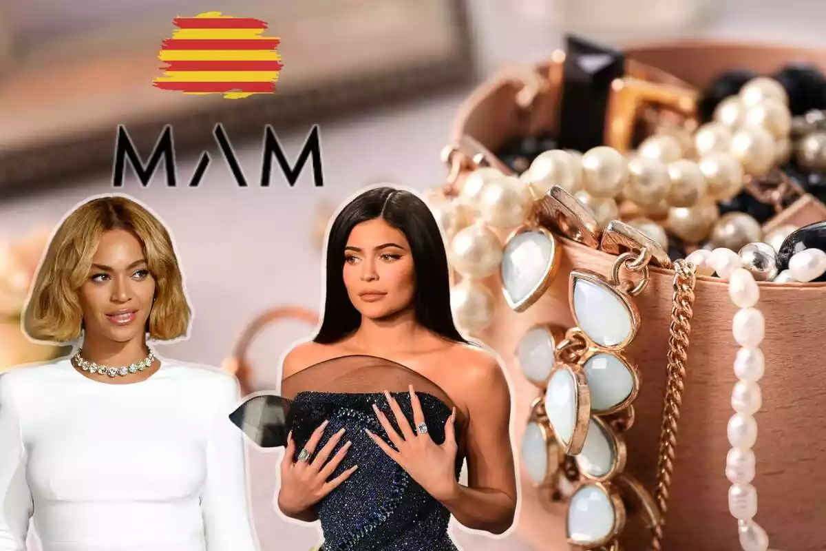 Futmuntatge amb un fons de joies, el logotip de la marca de joieria MAM, una foto de Kylie Jenner i Beyocé i una bandera de Catalunya