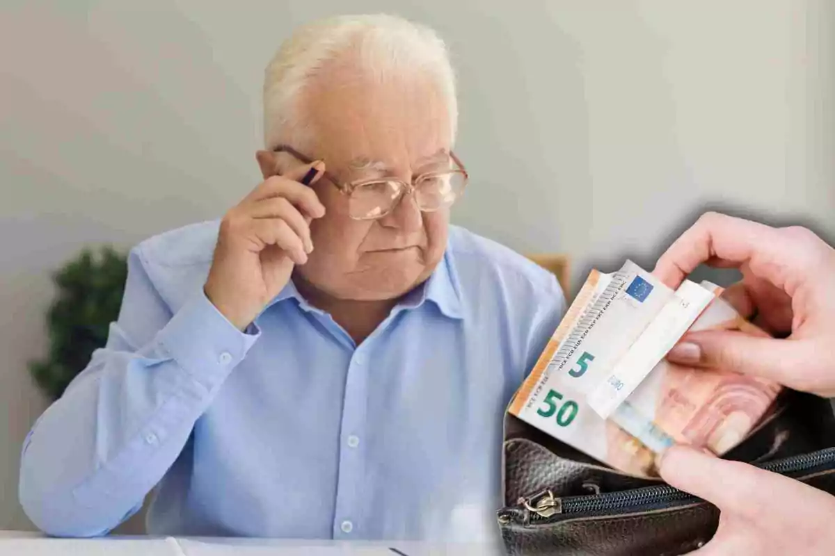 Fotomuntatge amb una imatge de fons d'un jubilat i al capdavant una cartera amb bitllets d'euro