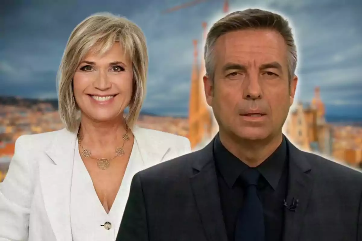 Two news anchors pose in front of an urban backdrop.