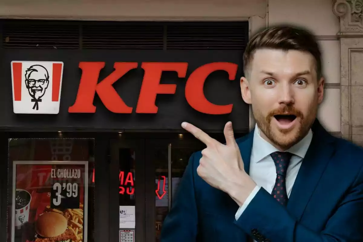 A surprised man points at the sign of a KFC restaurant.