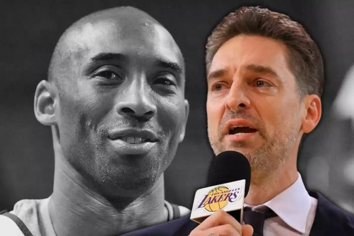 Dos hombres, uno en blanco y negro y otro hablando con un micrófono de los Lakers.