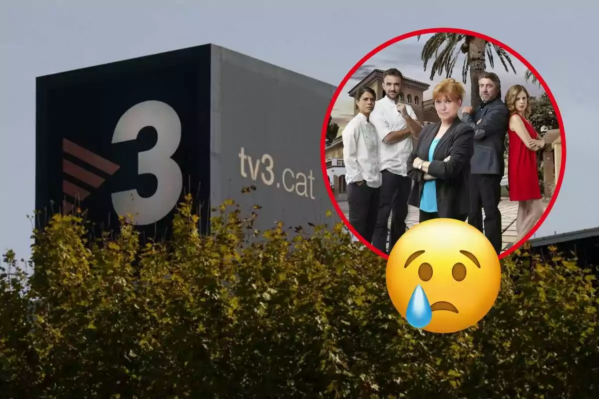 Un edifici amb el logotip de TV3 i un cercle vermell amb un grup de persones i un emoji trist.