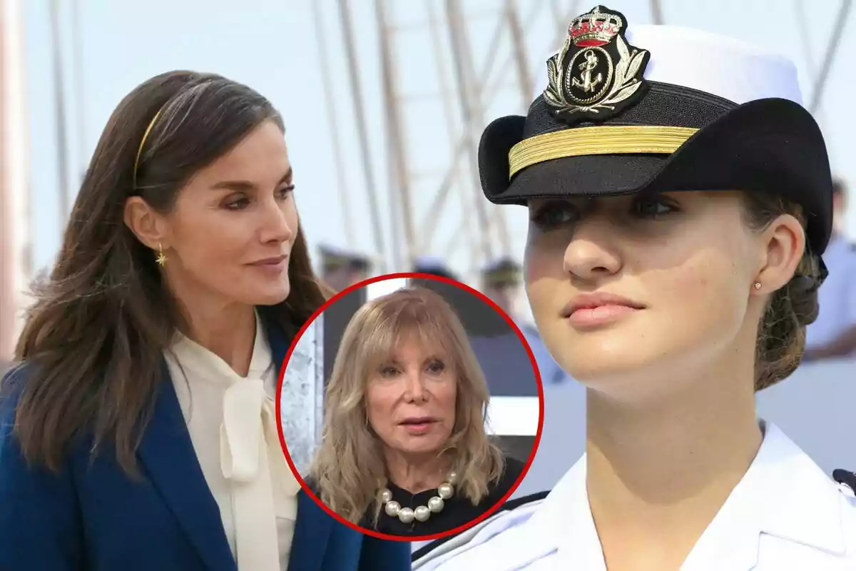 Una dona amb cabell fosc i una diadema daurada mira una altra jove amb uniforme naval i gorra, mentre un requadre circular mostra una dona gran amb collaret de perles.