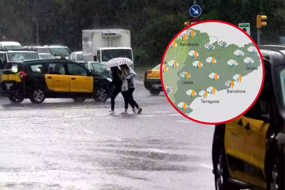 Muntatge fotogràfic entre una imatge de pluja a Barcelona i un mapa de l'AEMET