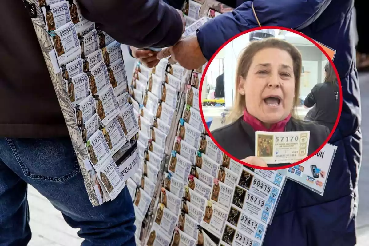 Muntatge fotogràfic entre una imatge de dos venedors de loteria i una dona amb un dècim premiat