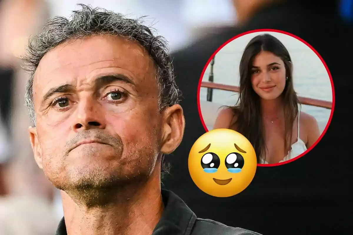 Home d’expressió seriosa en primer pla amb un requadre que mostra una noia somrient i un emoji de carona plorant superposat