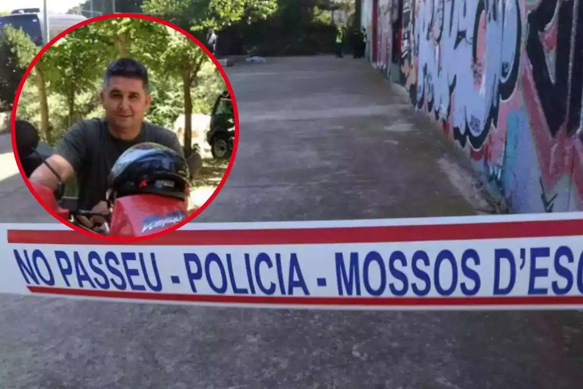 Fotomuntatge amb la imatge en una rodona vermella amb la cara de Manuel Vázquez Baena i una cinta policial dels Mossos d'Esquadra prohibint el pas de fons