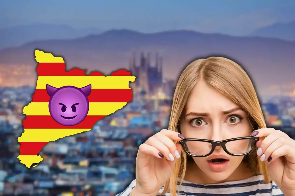 Fotomuntatge d'un mapa de Catalunya amb una emoticona de dimoni al centre, una imatge d'una dona sorpresa i una foto de Barcelona de fons