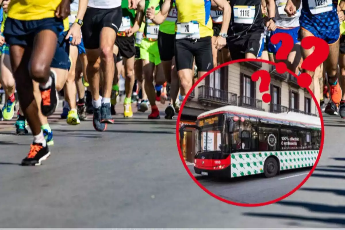 Fotomuntatge amb un fons d´una marató i una foto emmarcada d´un bus de Barcelona amb signes d´interrogació