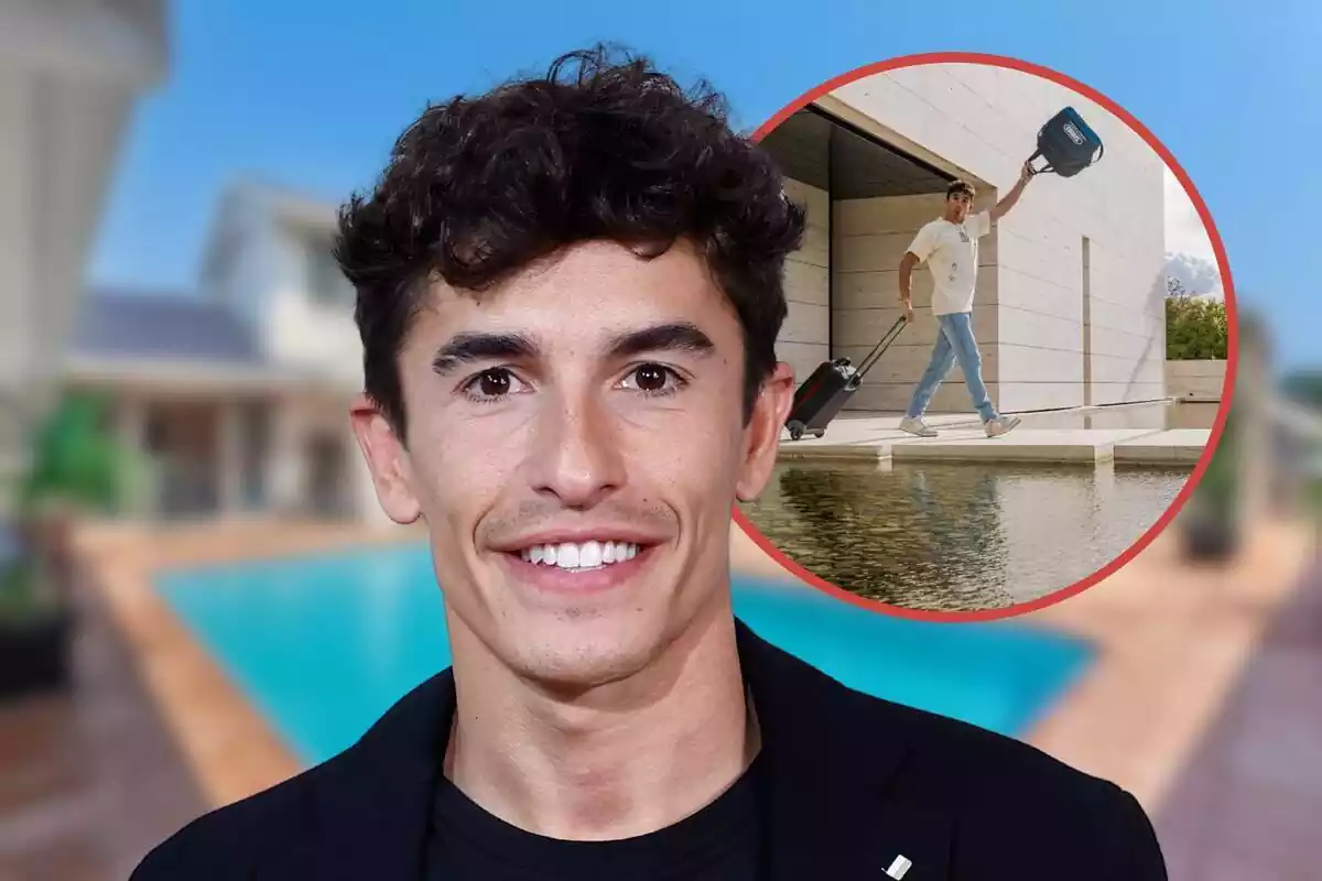 Fotomuntatge de Marc Márquez amb una imatge de fons difuminada de casa amb piscina i una rodona vermella amb casa