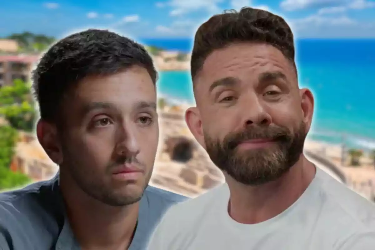 Dos hombres con expresiones faciales diferentes frente a un fondo de playa y mar.