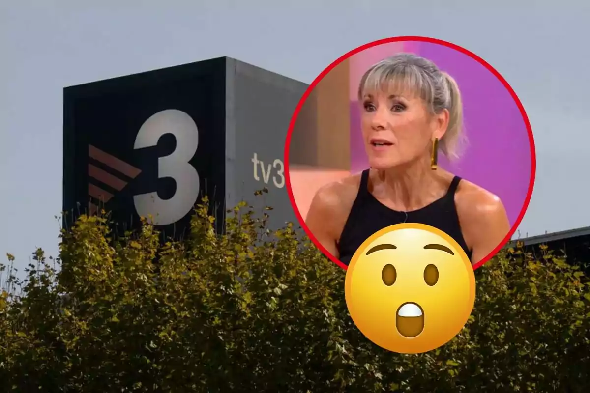 Edifici de TV3 amb un cercle vermell que mostra una dona sorpresa i un emoji de sorpresa.