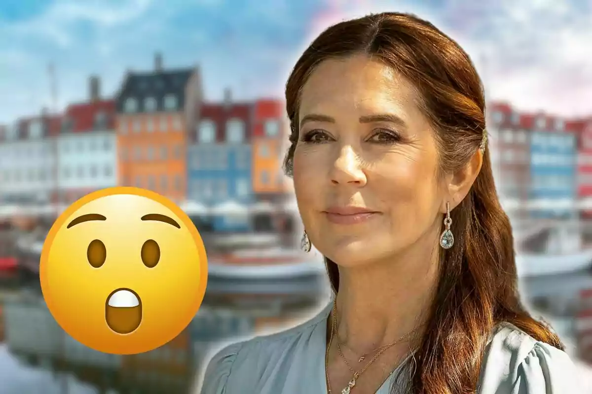 A woman with brown hair and long earrings is standing in front of a colorful urban background, with a surprised emoji overlaid on the left.