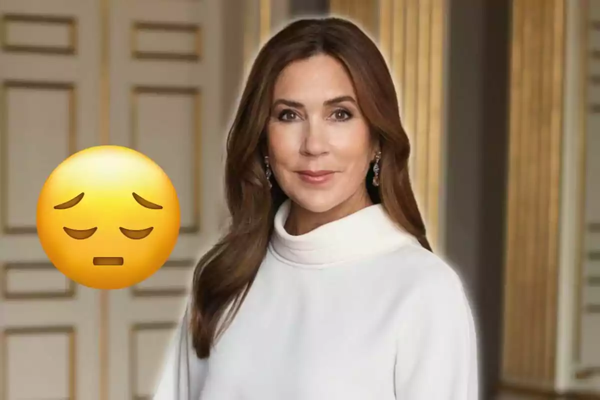 Una dona amb cabell castany i un jersei blanc està dreta davant d'una paret decorativa, al costat d'un emoji amb expressió de preocupació.