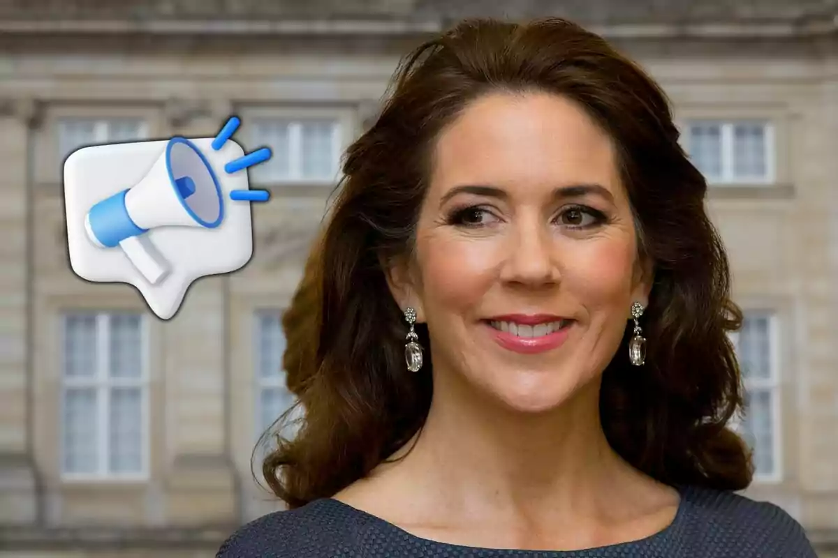 A smiling woman with brown hair and elegant earrings, with a megaphone icon in a speech bubble in the background.