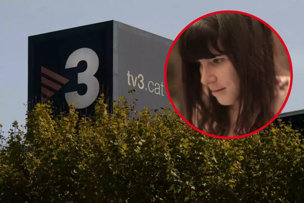 Edifici de TV3 amb un cercle vermell que mostra una dona de cabell fosc