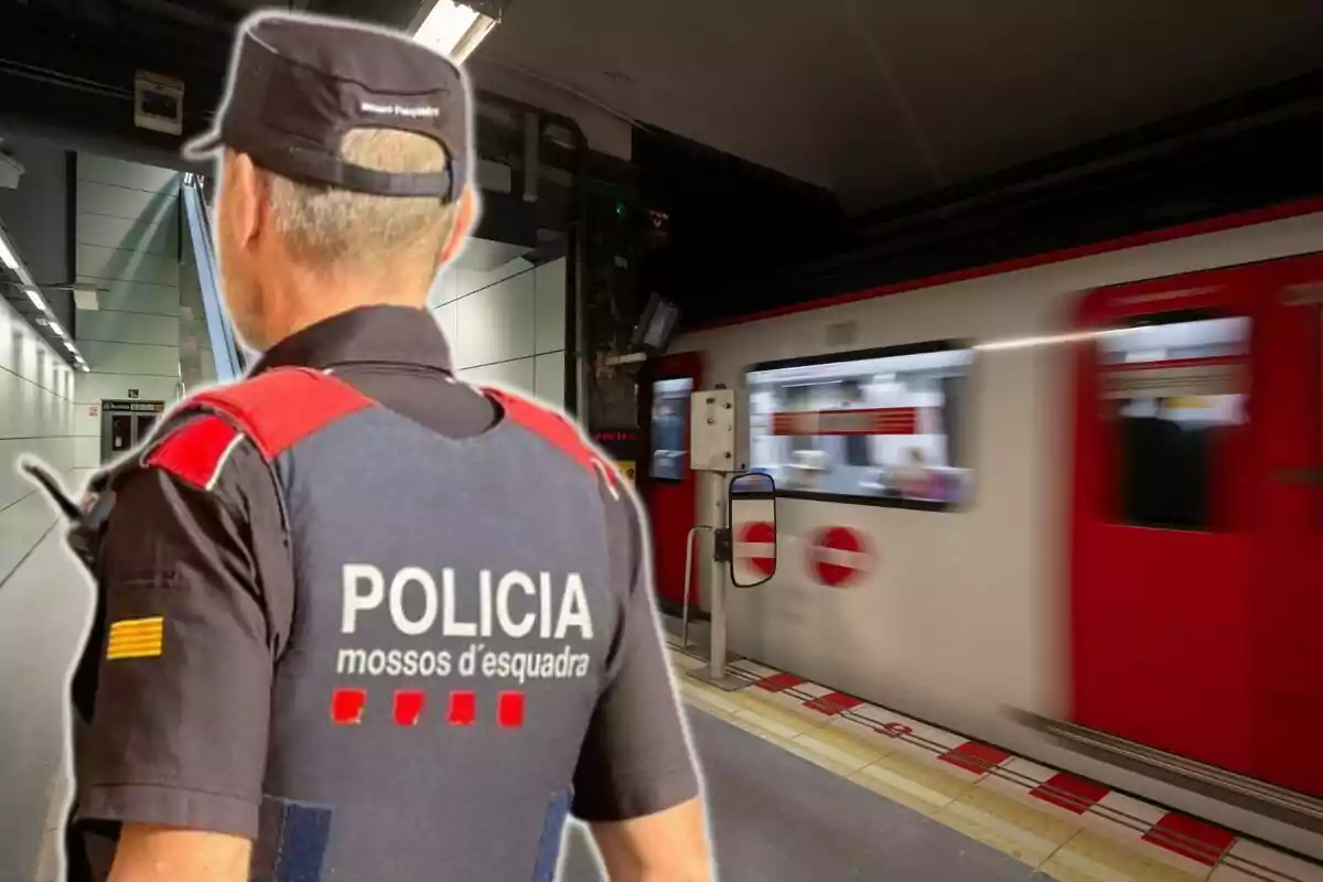 Fotomuntatge del metro de Barcelona amb imatge d'un mosso d'esquadra