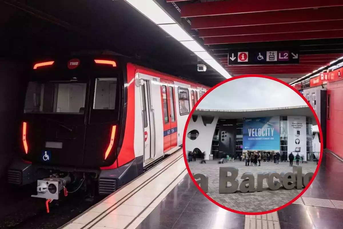 Fotomuntatge amb un fons del metro de Barcelona i una foto emmarcada del Mobile World Congress