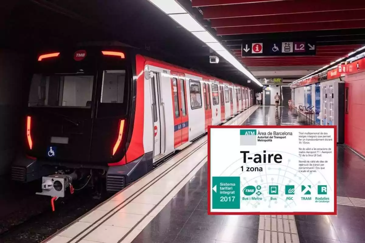 fotomuntatge d'una foto del metro de Barcelona amb una captura de pantalla de la targeta T-aire