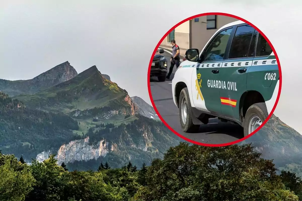 Muntanyes amb vegetació en primer pla i un cercle vermell que mostra un vehicle de la Guàrdia Civil.