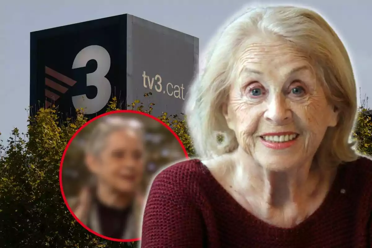 Una dona gran somrient amb cabell canós davant d'un edifici amb el logotip de TV3 i l'adreça web tv3.cat, amb una imatge borrosa de la mateixa dona en un cercle vermell a la cantonada inferior esquerra.