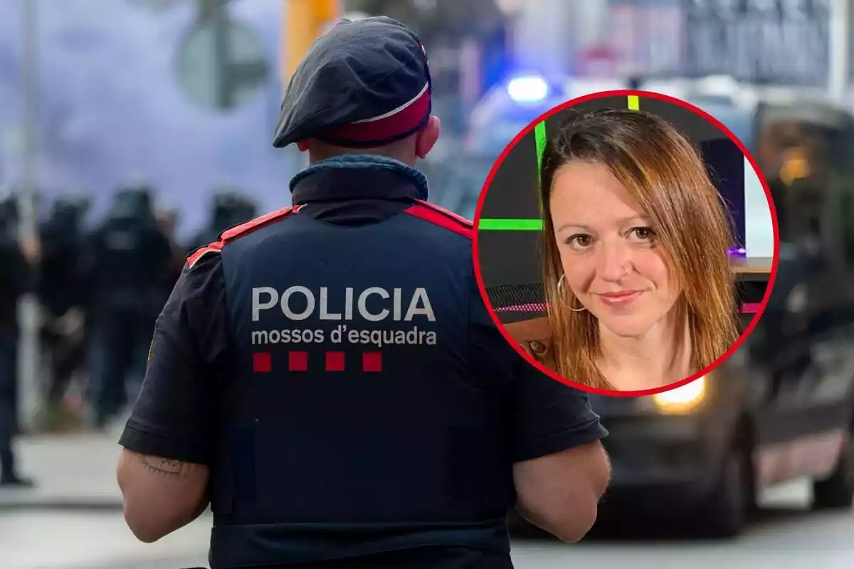 Fotomuntatge d'un mosso d'Esquadra amb una imatge de Lorena Domínguez, consellera de Barcelona a Comú