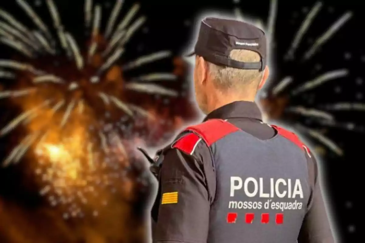 Un agent dels Mossos d'Esquadra d'esquena observant focs artificials al cel.