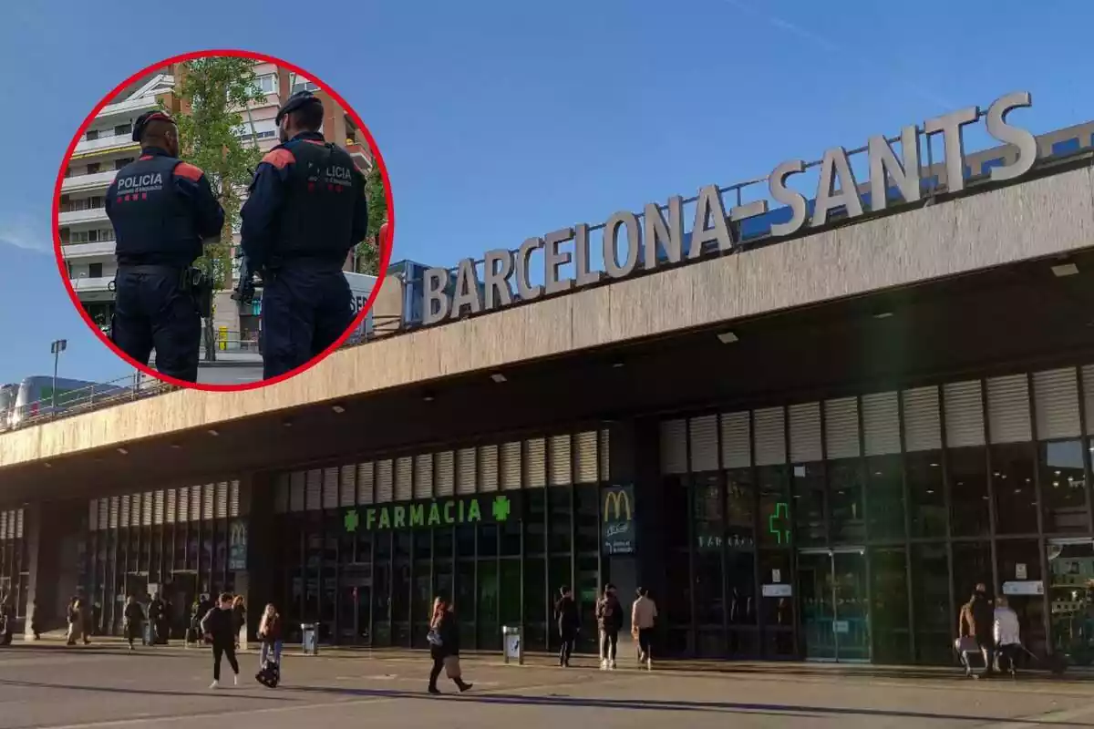 Fotomuntatge entre una imatge de l'estació de Sants de Barcelona i els Mossos d'Esquadra