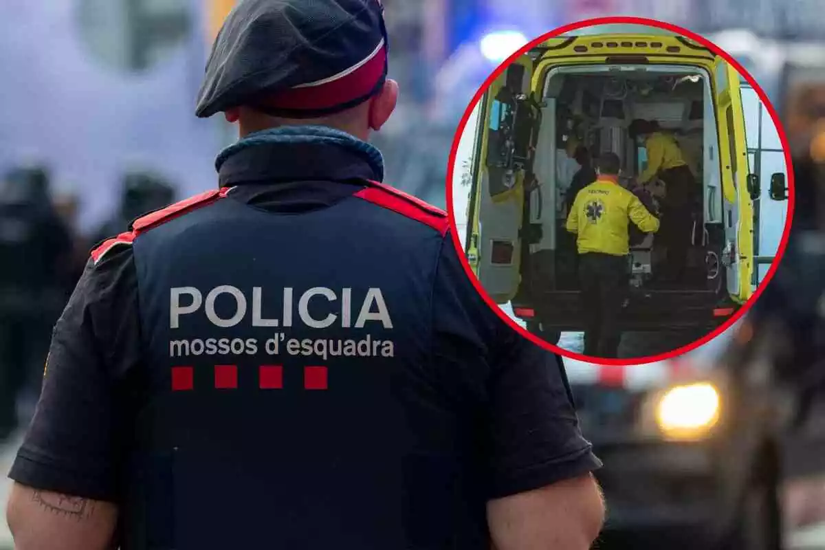 Fotomuntatge amb una imatge de fons d'un agent dels Mossos d'Esquadra i al capdavant una rodona vermella amb una ambulància del Sistema d'Emergències Mèdiques (SEM)