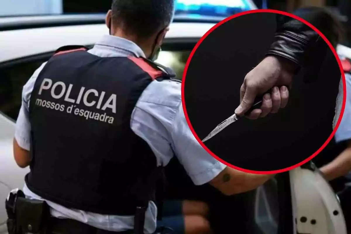 Fotomuntatge amb una imatge de Mossos d'Esquadra i una rodona vermella amb una persona amb un ganivet a la mà