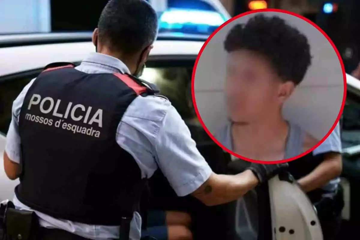 Fotomuntatge amb una imatge de fons d'un agent de Mossos d'Esquadra i al capdavant una rodona vermella amb la cara del jove atacant de Soses