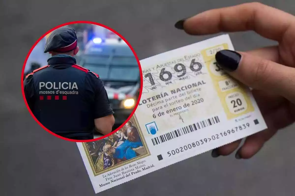 Muntatge fotogràfic entre una imatge dels Mossos d'Esquadra i un dècim de loteria