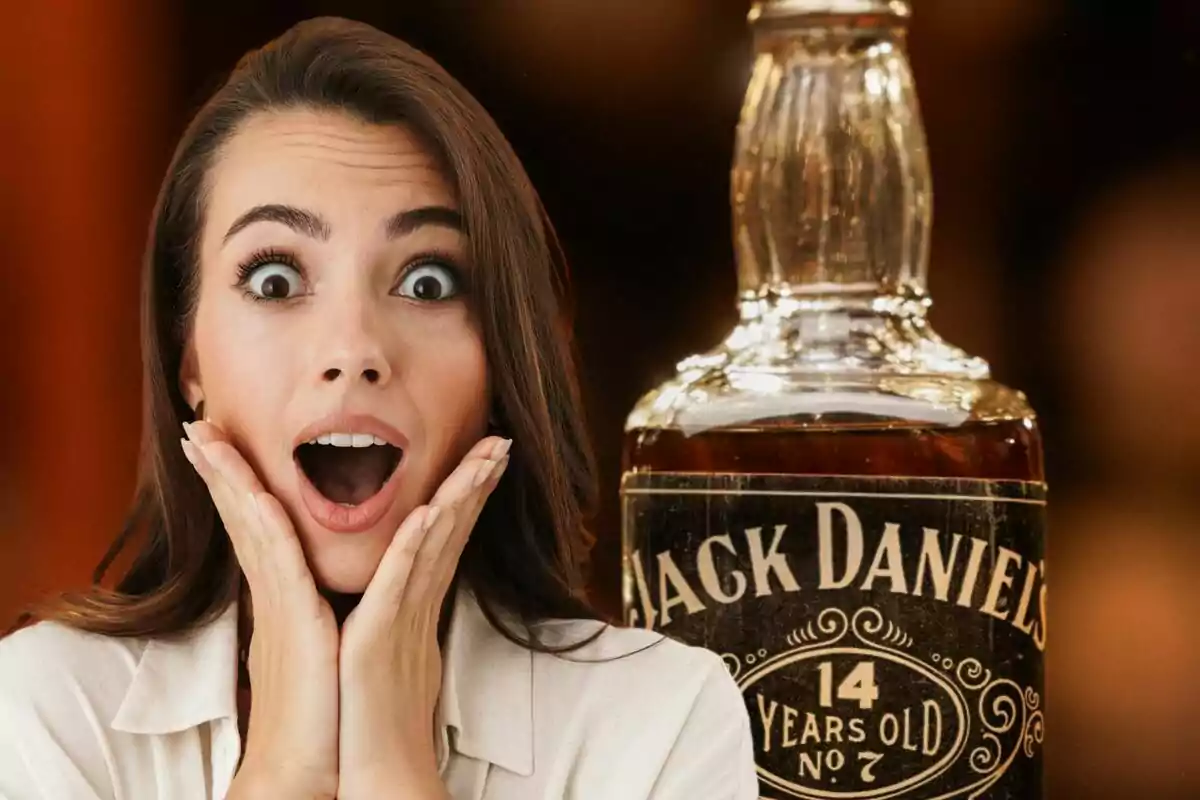 A woman with a surprised expression next to a bottle of whiskey.