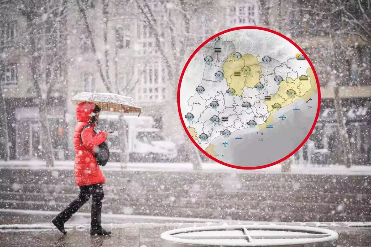 Fotomuntatge d'una imatge nevant i una dona caminant i el mapa del Meteocat amb la predicció d'aquest divendres 19 de gener