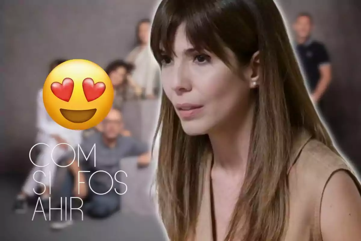 Una mujer de cabello castaño aparece en primer plano con un emoji de cara sonriente con corazones en los ojos y un grupo de personas desenfocadas al fondo junto al texto "Com si fos ahir".