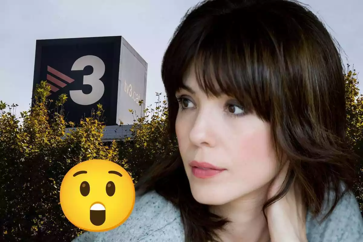 Fotomuntatge d'Ollalla Moreno amb les instal·lacions de TV3 de fons i una emoticona amb cara de sorpresa