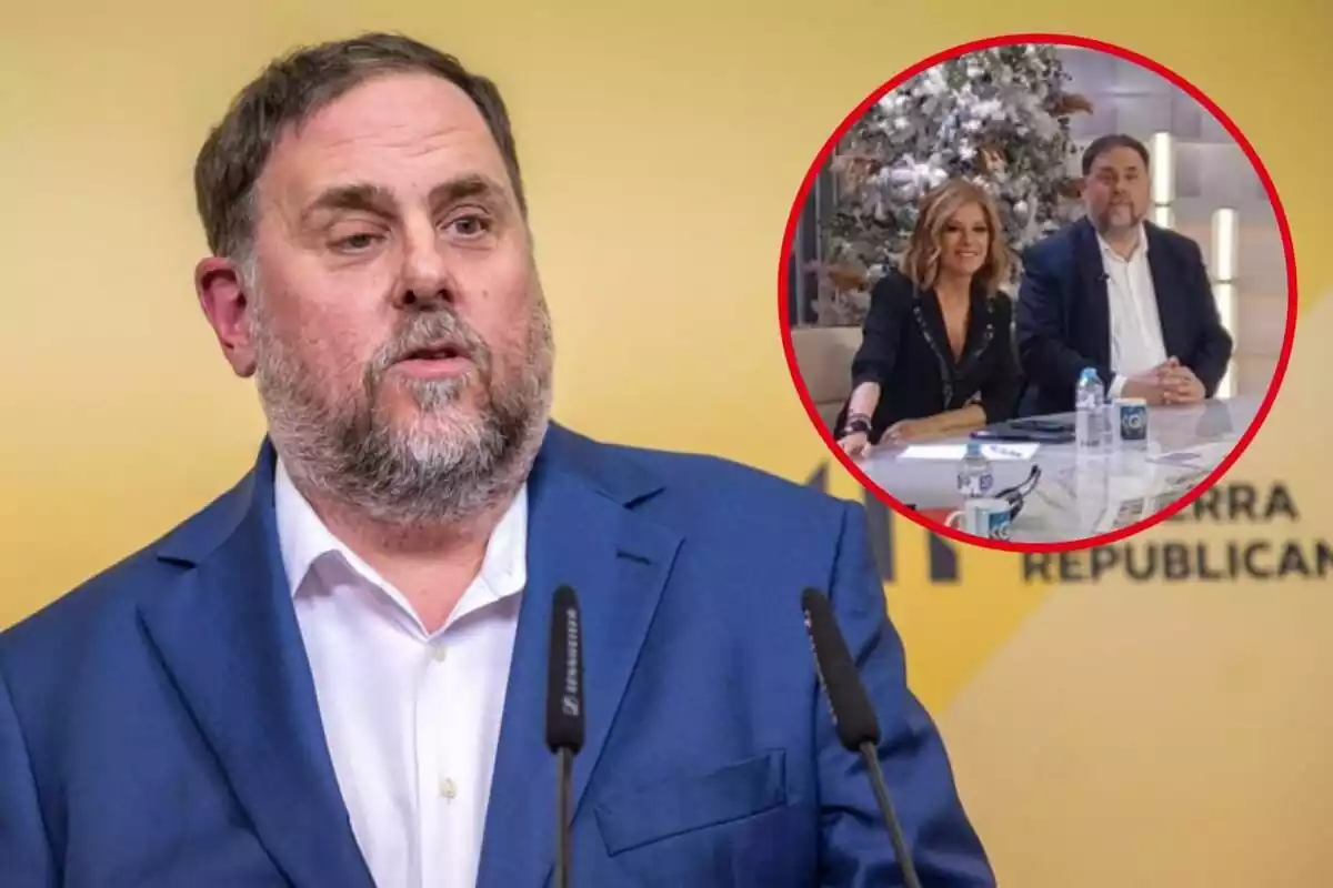 Muntatge fotogràfic entre una imatge d'Oriol Junqueras i una altra d'ell al plató de Telecinco