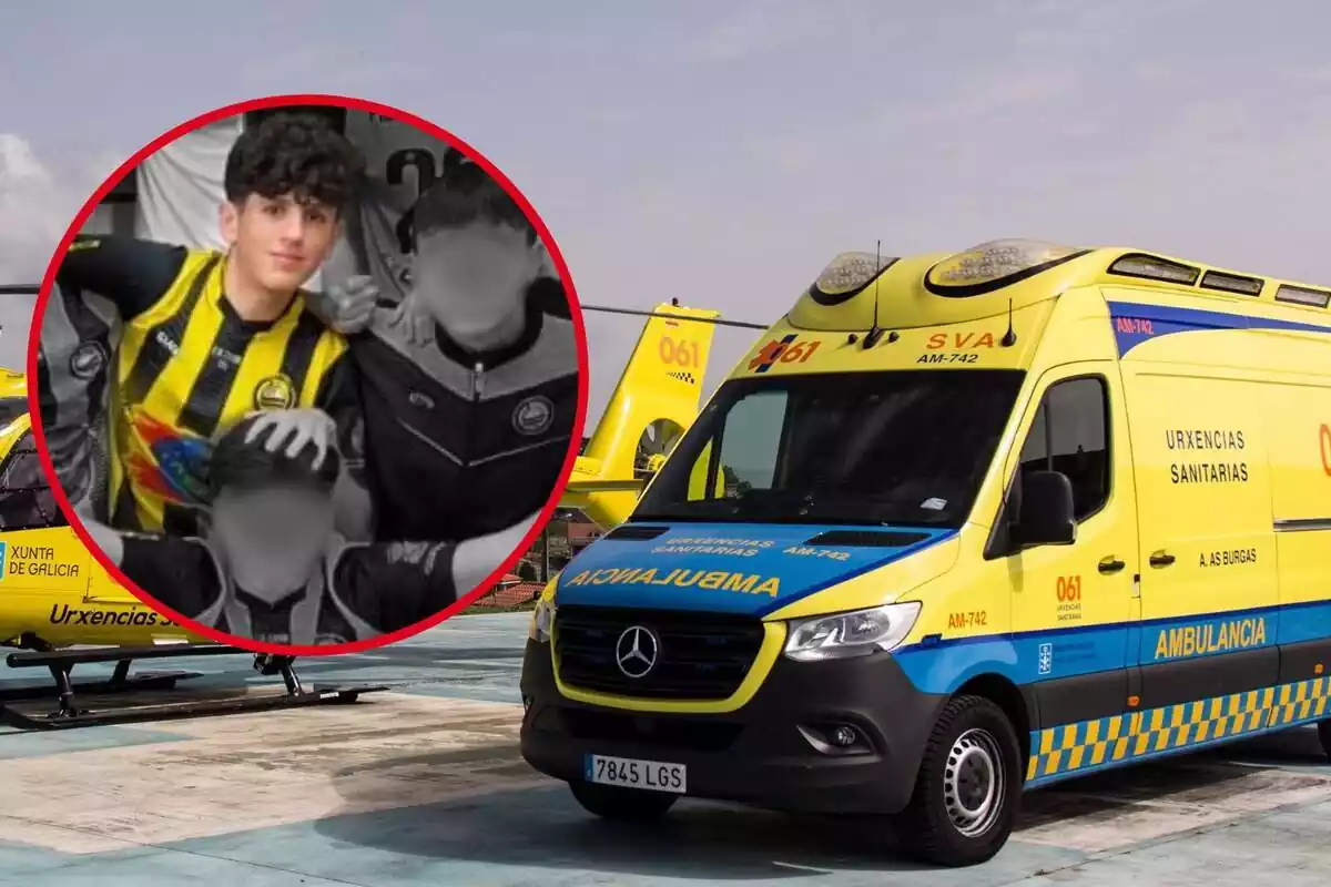 Fotomuntatge del noi mort a Cantàbria amb la imatge d'una ambulància
