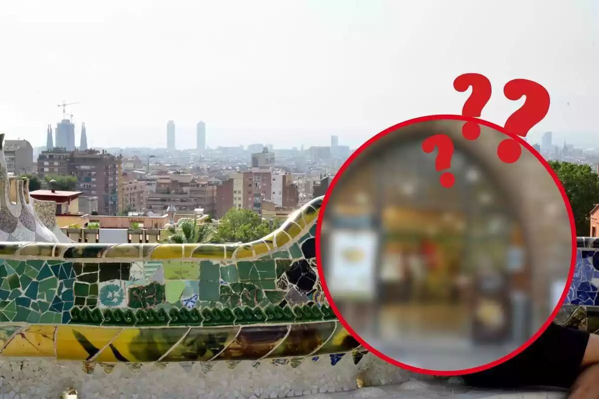 Fotomuntatge d´una fotografia del Park Güell amb una captura de pantalla difuminada del bar Afiparc i signes d´interrogació