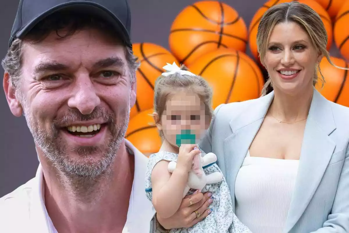 Fotomuntatge de Pau Gasol amb una imatge de la dona i la filla