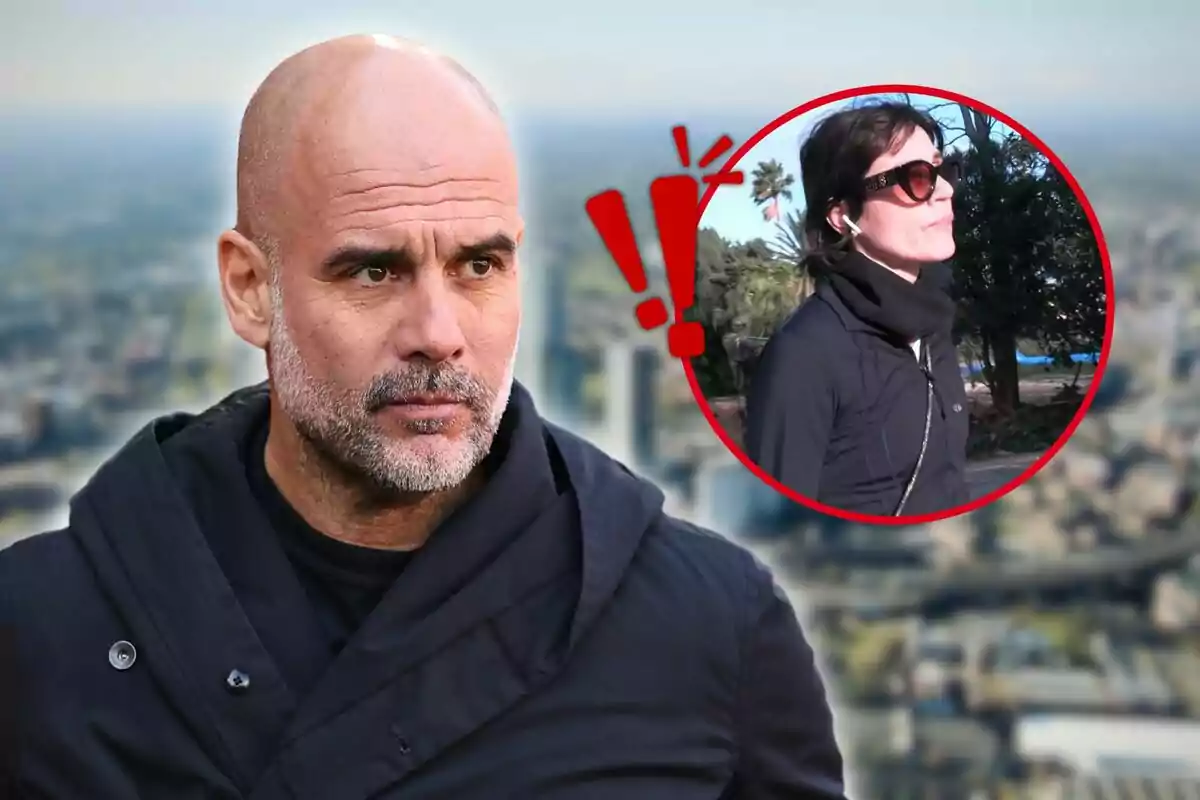 A bald man with a beard and a dark jacket appears in the foreground while a woman with sunglasses and headphones is in a red circle in the background.